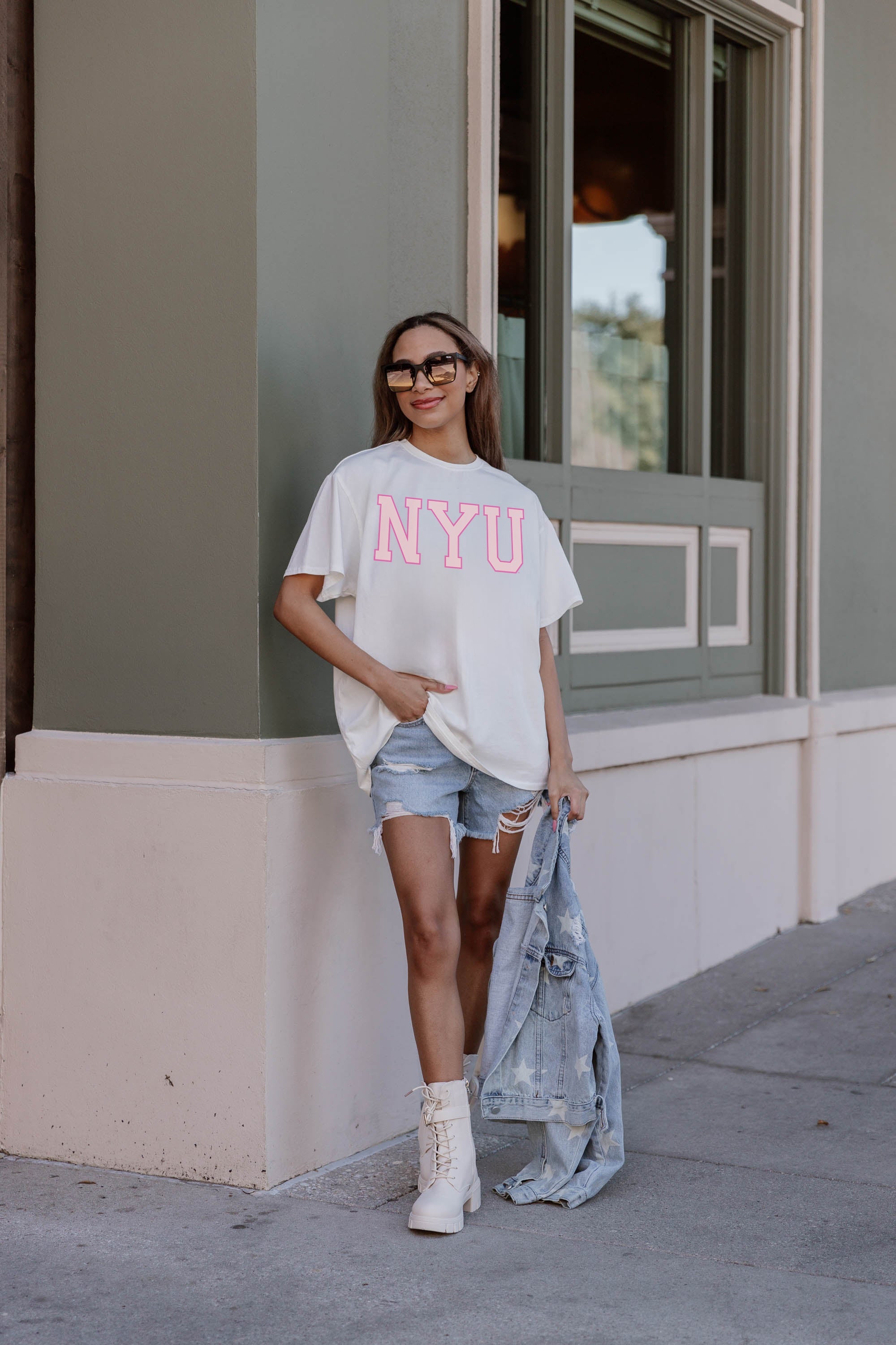 Premium NYU Violets Oversized Crewneck Tee - Ultimate Gameday Comfort