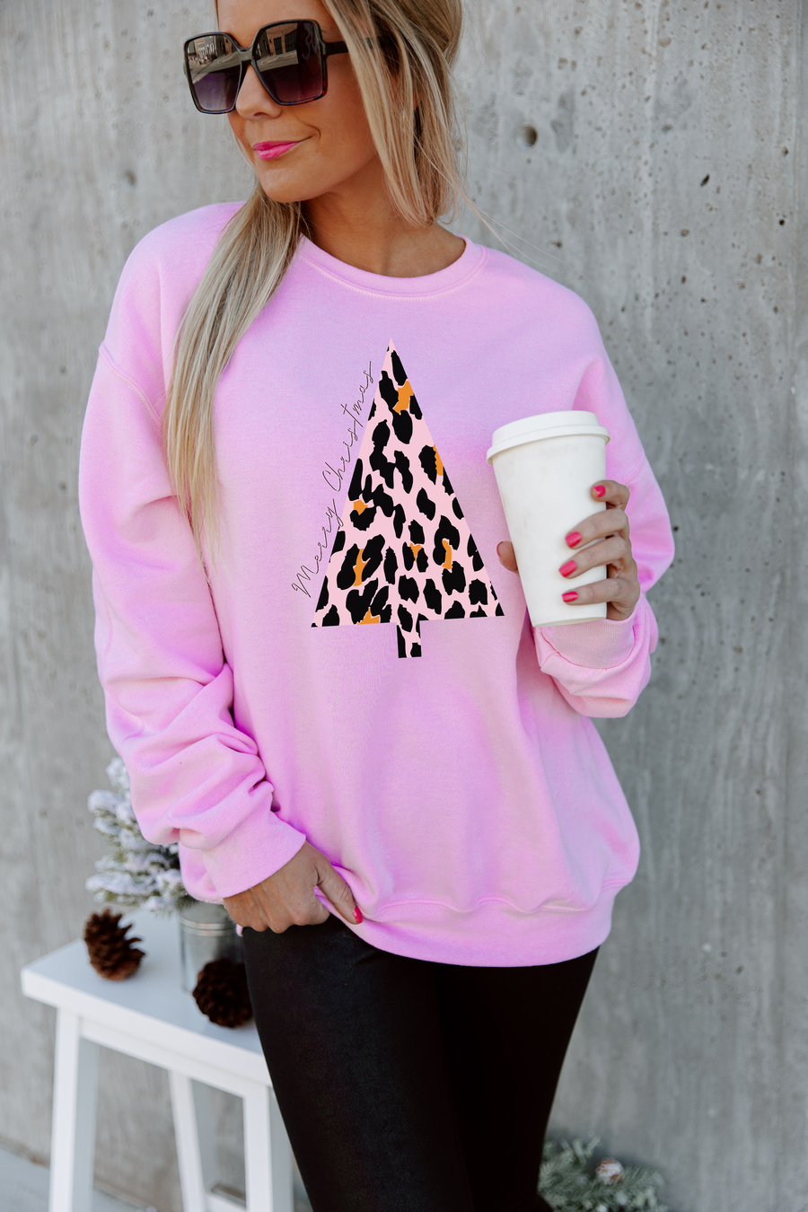 Premium Holiday Sparkle Oversized Crew Sweatshirt - Light Pink