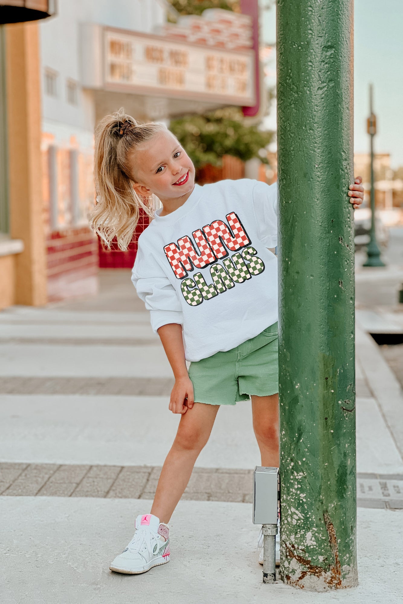 Premium Checkered Mini Claus Kids Crew Sweatshirt - Holiday Edition