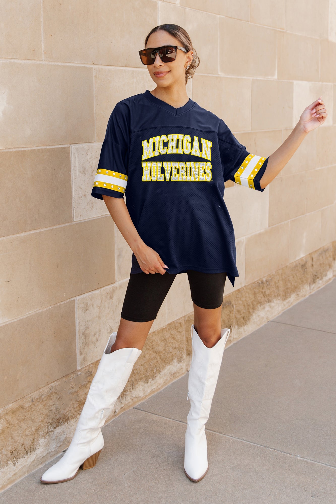 MICHIGAN WOLVERINES UNTIL KICKOFF OVERSIZED V-NECK RHINESTONE-STRIPED TRIM FASHION JERSEY