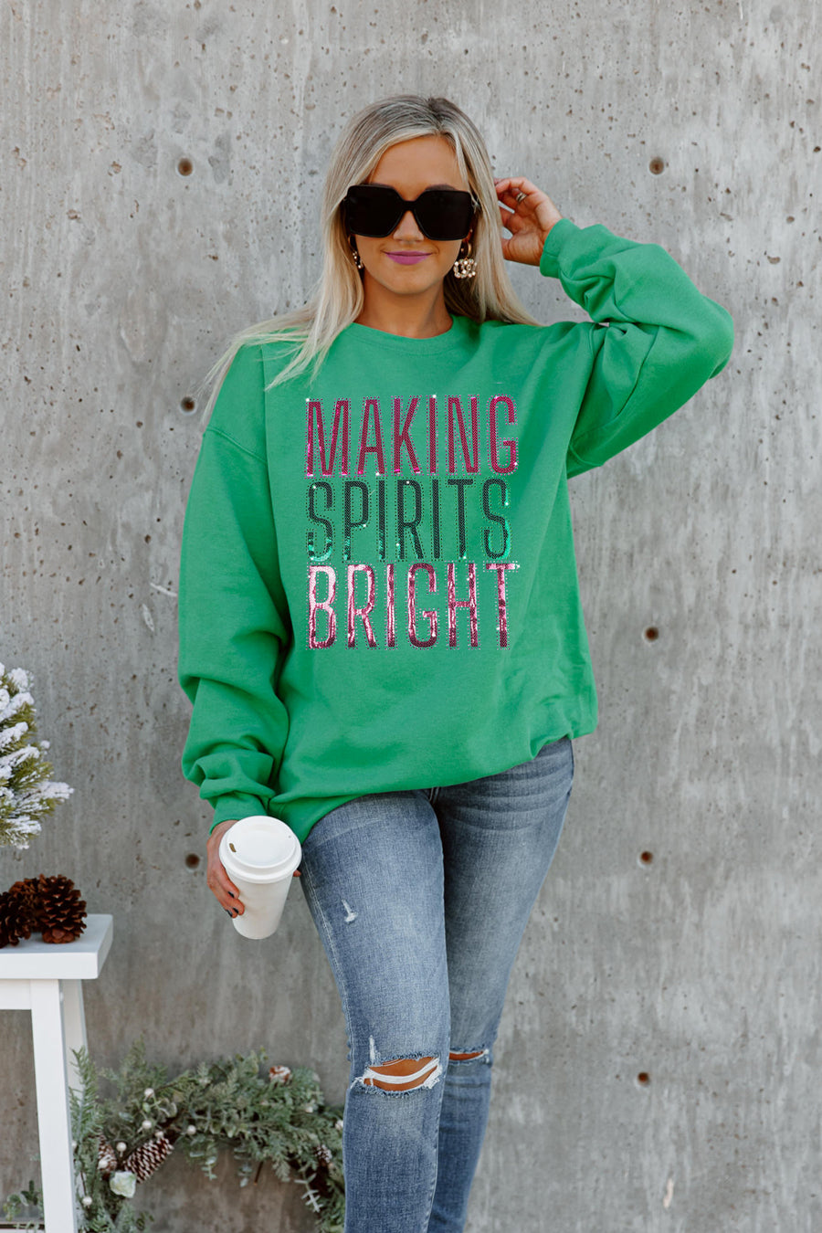 Premium Oversized Holiday Crewneck Sweatshirt in Kelly Green