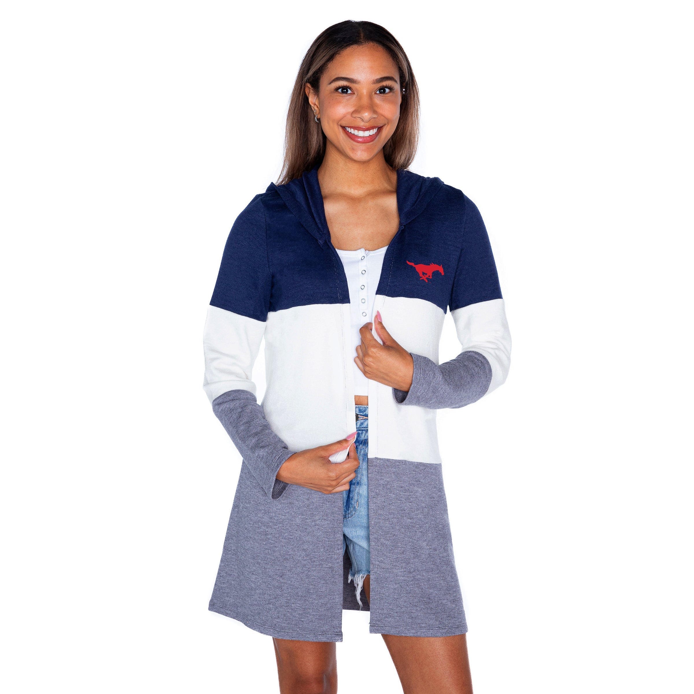 SMU MUSTANGS INSIGNIA WOMEN'S LIGHTWEIGHT LONG SLEEVE HOODED CARDIGAN WITH OPEN FRONT AND BOLD COLORBLOCK DETAIL
