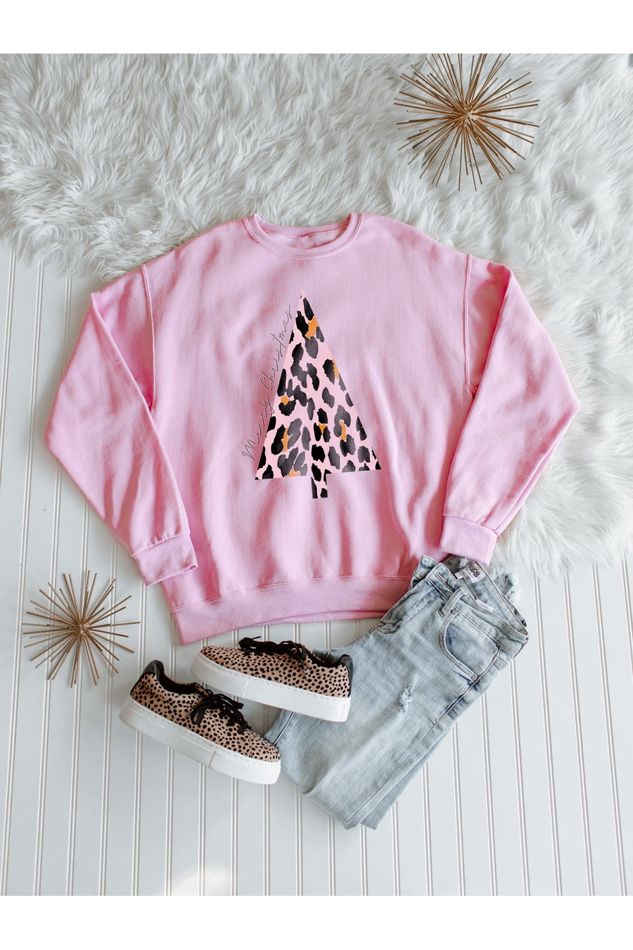 Premium Holiday Sparkle Oversized Crew Sweatshirt - Light Pink